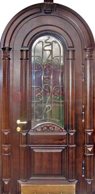 Арочная металлическая дверь массив со стеклом и ковкой ДА-50 в Волжском