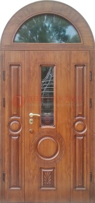 Двустворчатая железная дверь МДФ со стеклом в форме арки ДА-52 в Волжском