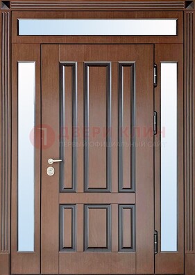 Железная дверь со стеклом и фрамугами в коричневом цвете ДФГ-8 в Волжском