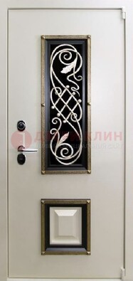 Белая стальная дверь с ковкой со стеклопакетом и МДФ ДК-30 в Волжском