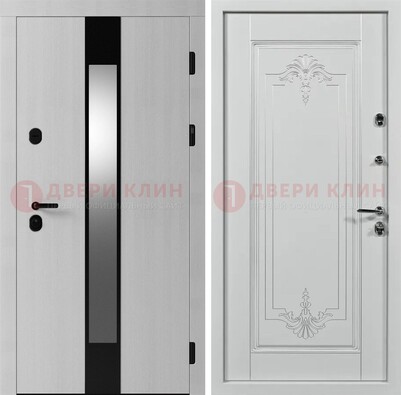 Белая металлическая дверь МДФ с зеркальной вставкой ДМ-324 в Волжском