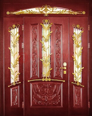 Бордовая железная парадная дверь со стеклом и ковкой ДПР-75 в Волжском