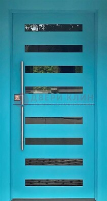 Голубая уличная дверь с МДФ панелью и стеклом ДС-51 в Волжском