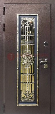 Железная дверь цвета медный антик со стеклом и ковкой ДСК-105 в Волжском