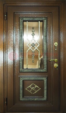 Теплая входная дверь со стеклом и ковкой разноцветной ДСК-13 в Волжском