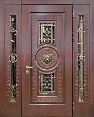 Коричневая стальная дверь со стеклом и ковкой ДСК-147 с фрамугами в Волжском