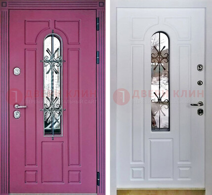 Розовая металлическая дверь со стеклом и ковкой ДСК-151 в Волжском