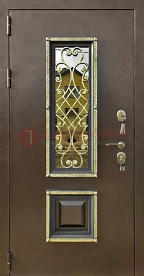 Входная дверь порошок со стеклом и ковкой для коттеджа ДСК-166 в Волжском