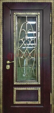 Темная уличная дверь порошок со стеклом и ковкой ДСК-167 в Волжском