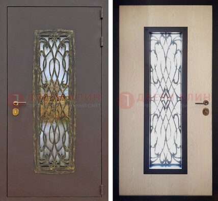 Уличная дверь порошок со стеклом и ковкой ДСК-168 коричневая в Волжском