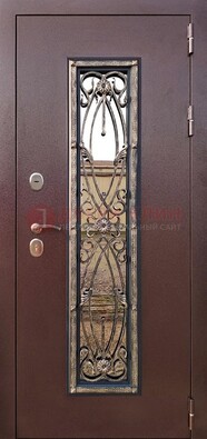 Коричневая стальная дверь порошок со стеклом и ковкой для дома ДСК-169 в Волжском