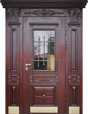 Железная парадная дверь массив дуба со стеклом и ковкой ДСК-175 в Волжском