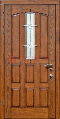 Стальная дверь со стеклом и ковкой для частного дома ДСК-192 в Волжском