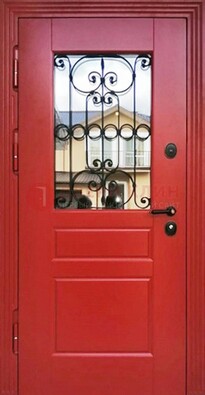 Красная железная дверь Винорит со стеклом и ковкой ДСК-205 в Волжском