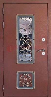 Уличная дверь Порошок со стеклом и ковкой для дома ДСК-218 в Волжском