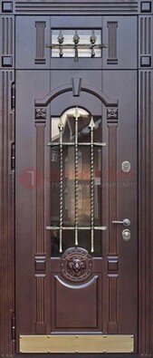 Металлическая дверь массив со стеклом и ковкой с фрамугой ДСК-249 в Волжском