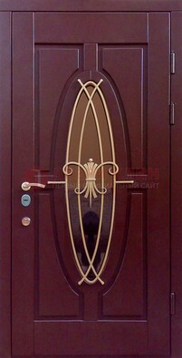 Бордовая стальная дверь Винорит со стеклом и ковкой ДСК-263 в Волжском