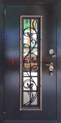 Железная дверь с порошковым напылением стеклом и ковкой ДСК-279 в Волжском