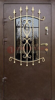 Стальная дверь Порошок со стеклом и ковкой для дома ДСК-280 в Волжском