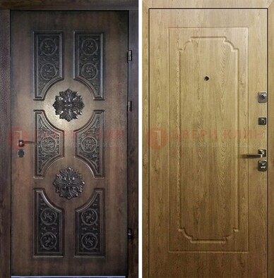 Железная коричневая дверь с виноритом и Золотой дуб внутри ДВТ-101 в Волжском