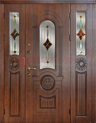 Парадная полуторная дверь с виноритом и витражом ДВТ-172 в Волжском