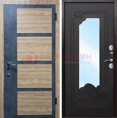 Светлая металлическая дверь c фрезерованной МДФ с зеркалом ДЗ-103 в Волжском