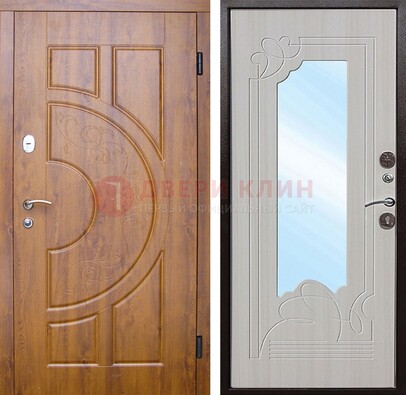 Коричневая металлическая дверь c МДФ с узором и зеркалом ДЗ-105 в Волжском