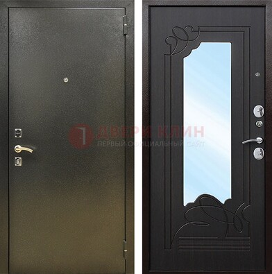 Железная темная дверь c порошковым напылением и МДФ с узором и зеркалом ДЗ-111 в Бронницах