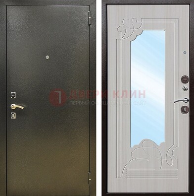 Входная темно-серая дверь c порошковым покрытием и МДФ с резьбой и зеркалом ДЗ-113 в Волжском