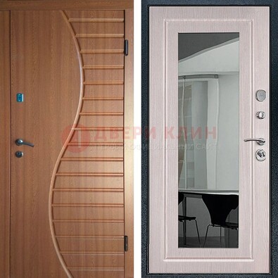 Коричневая железная дверь c виноритом и  МДФ Белый дуб с зеркалом ДЗ-118 в Волжском