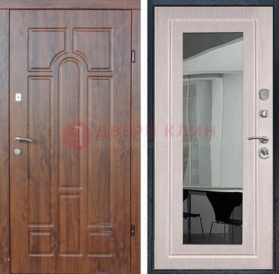 Входная коричневая дверь с МДФ Белый дуб и зеркалом ДЗ-126 в Волжском