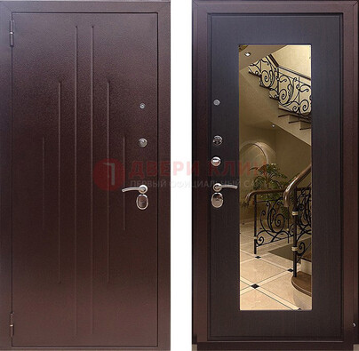 Бордовая металлическая дверь с зеркалом МДФ внутри ДЗ-17 в Волжском