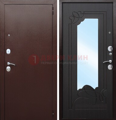 Коричневая стальная дверь с зеркалом ДЗ-18 в Волжском