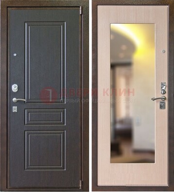 Коричневая стальная дверь с зеркалом МДФ внутри ДЗ-27 в Волжском