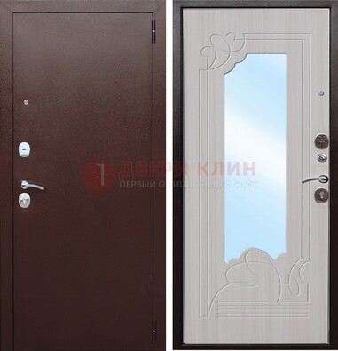 Коричневая металлическая дверь с зеркалом МДФ внутри ДЗ-33 в Волжском