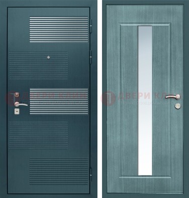 Входная дверь с зеркальной вставкой внутри с голубым МДФ с зеркалом ДЗ-71 в Волжском