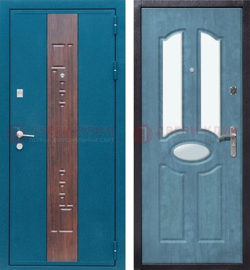 Голубая металлическая дверь МДФ с тремя зеркальными вставками ДЗ-78 в Волжском
