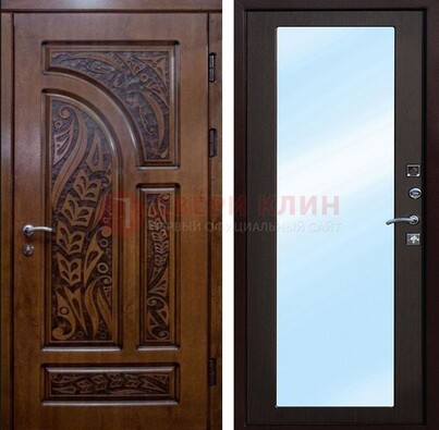 Коричневая входная дверь c узором и виноритом МДФ с зеркалом ДЗ-98 в Волжском