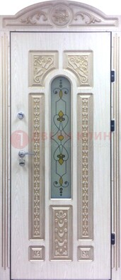 Белая железная дверь с МДФ и витражом ВЖ-26 в Волжском