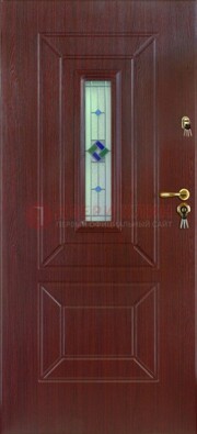 Бордовая железная дверь с витражом и отделкой массив ВЖ-3 в Волжском
