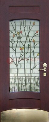 Бордовая стальная дверь с витражом и декоративным элементом ВЖ-3 в Волжском